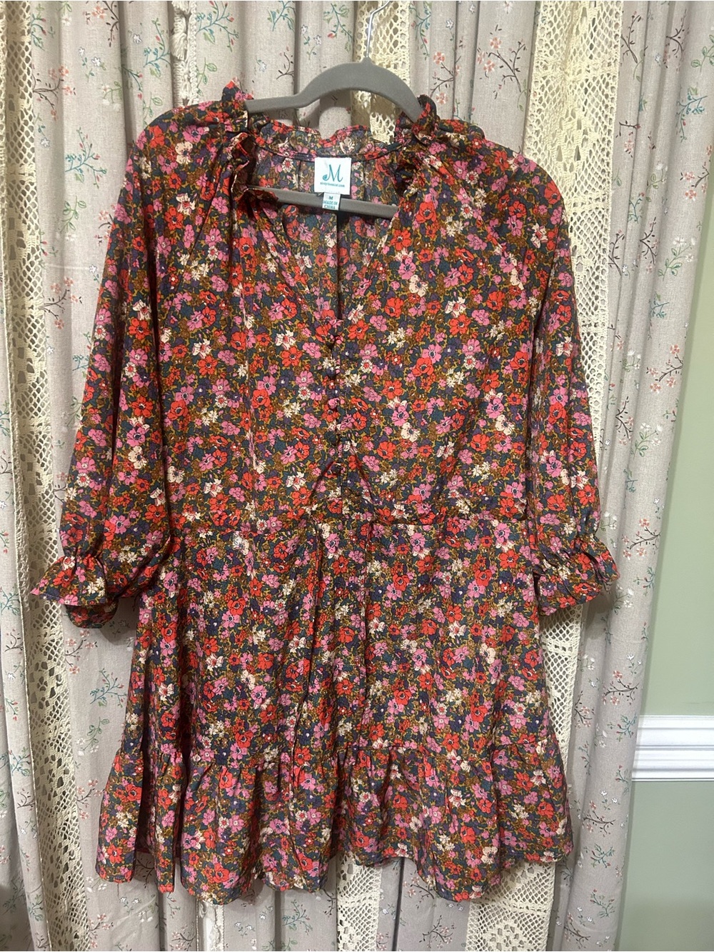Shop The Mint Floral Ruffle Neck Mini Dress Medium Long Sleeve Boho